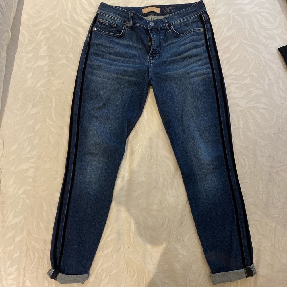 Seven For All Mankind dark skinny jeans with black velvet stripe down sides.